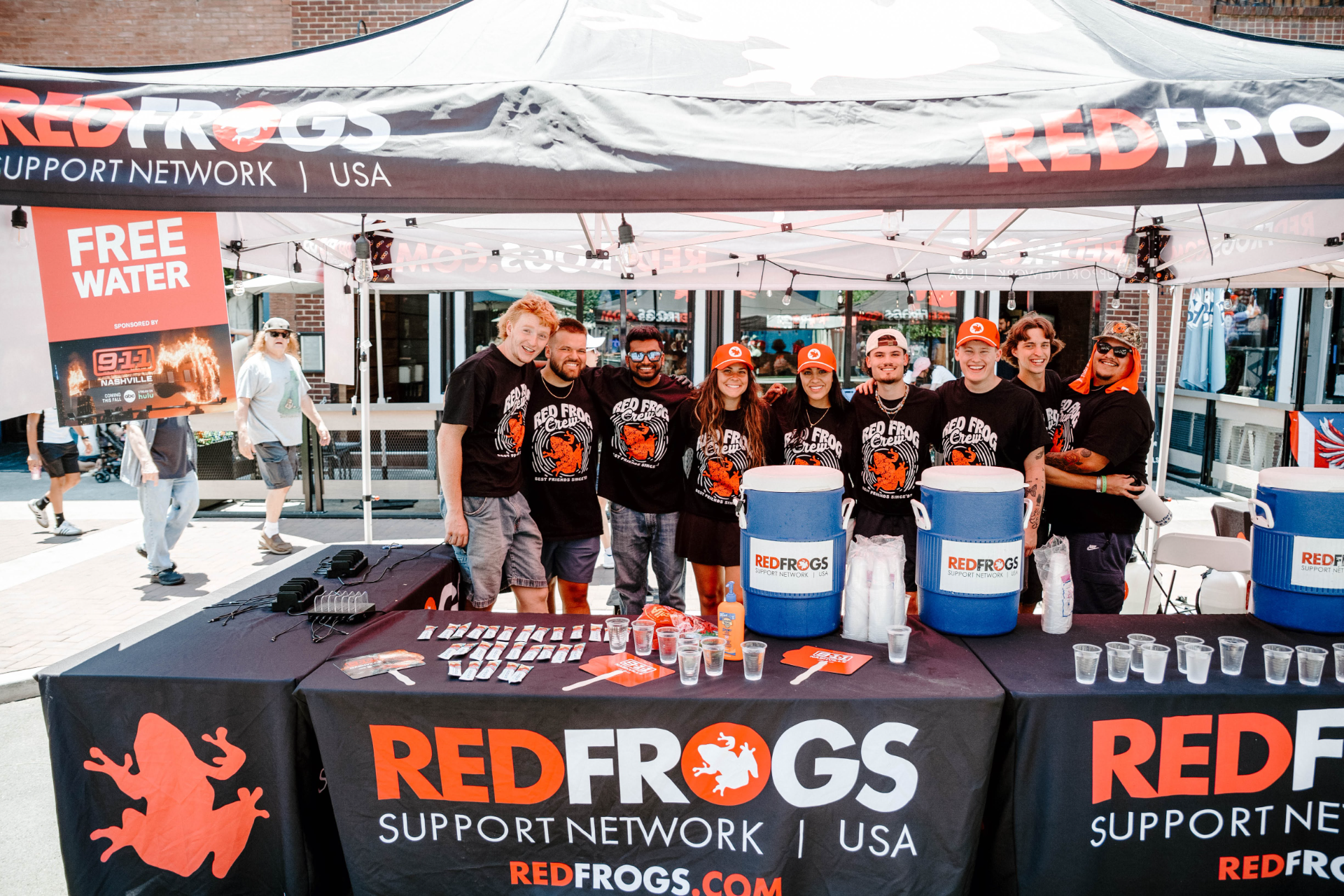 Red Frogs branded tablecloth